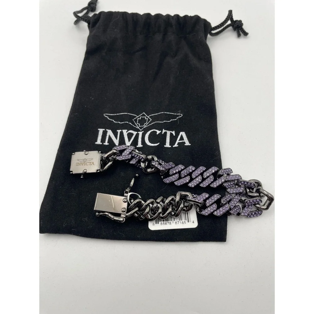 Invicta Elements 80893 Gunmetal Purple Crystal Iced Out Cuban Link Bracelet NWT